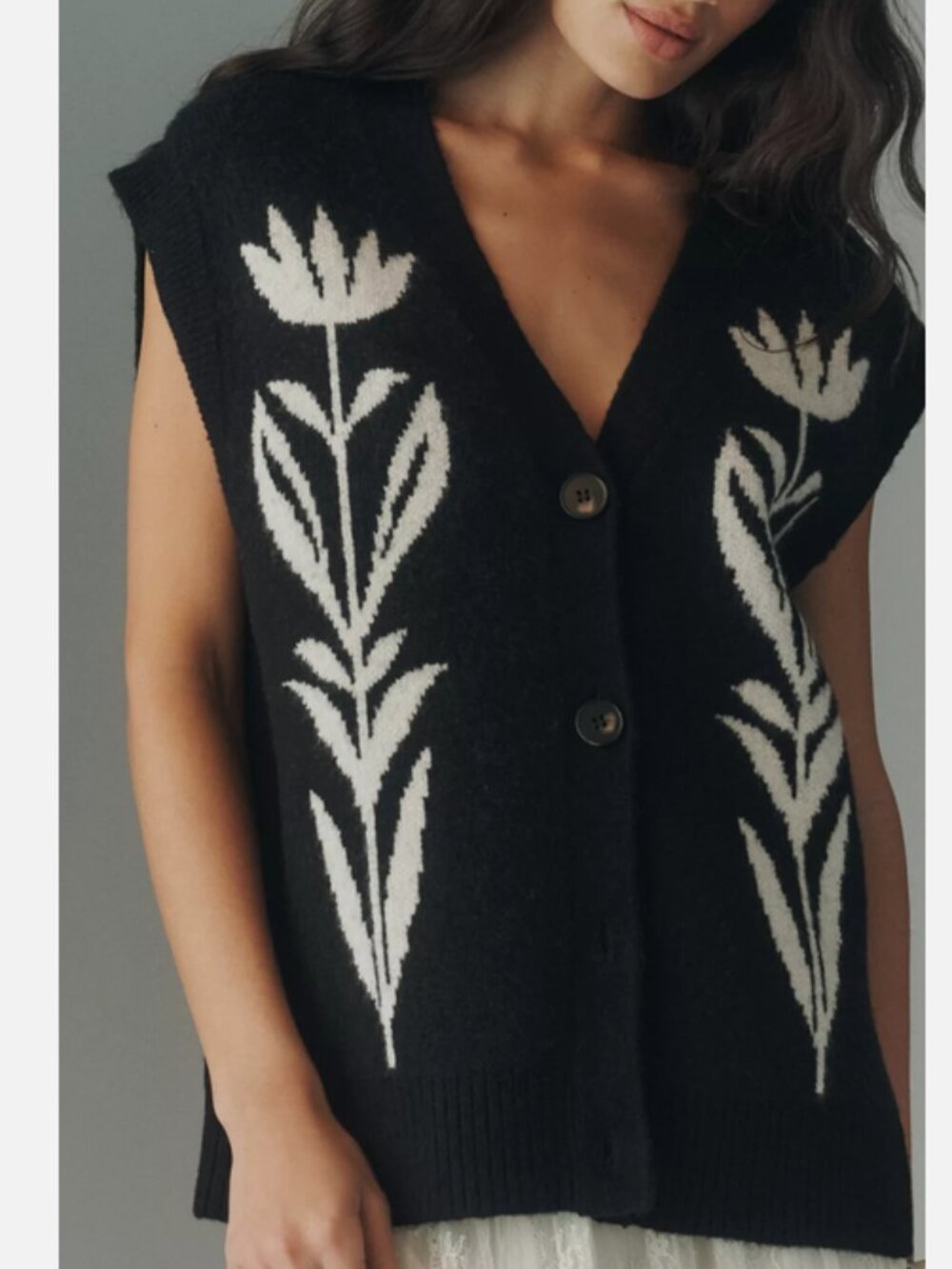 By Anthropologie Button-Front Sweater Vest Cardigan Black Floral Size L NWT - Picture 4 of 6